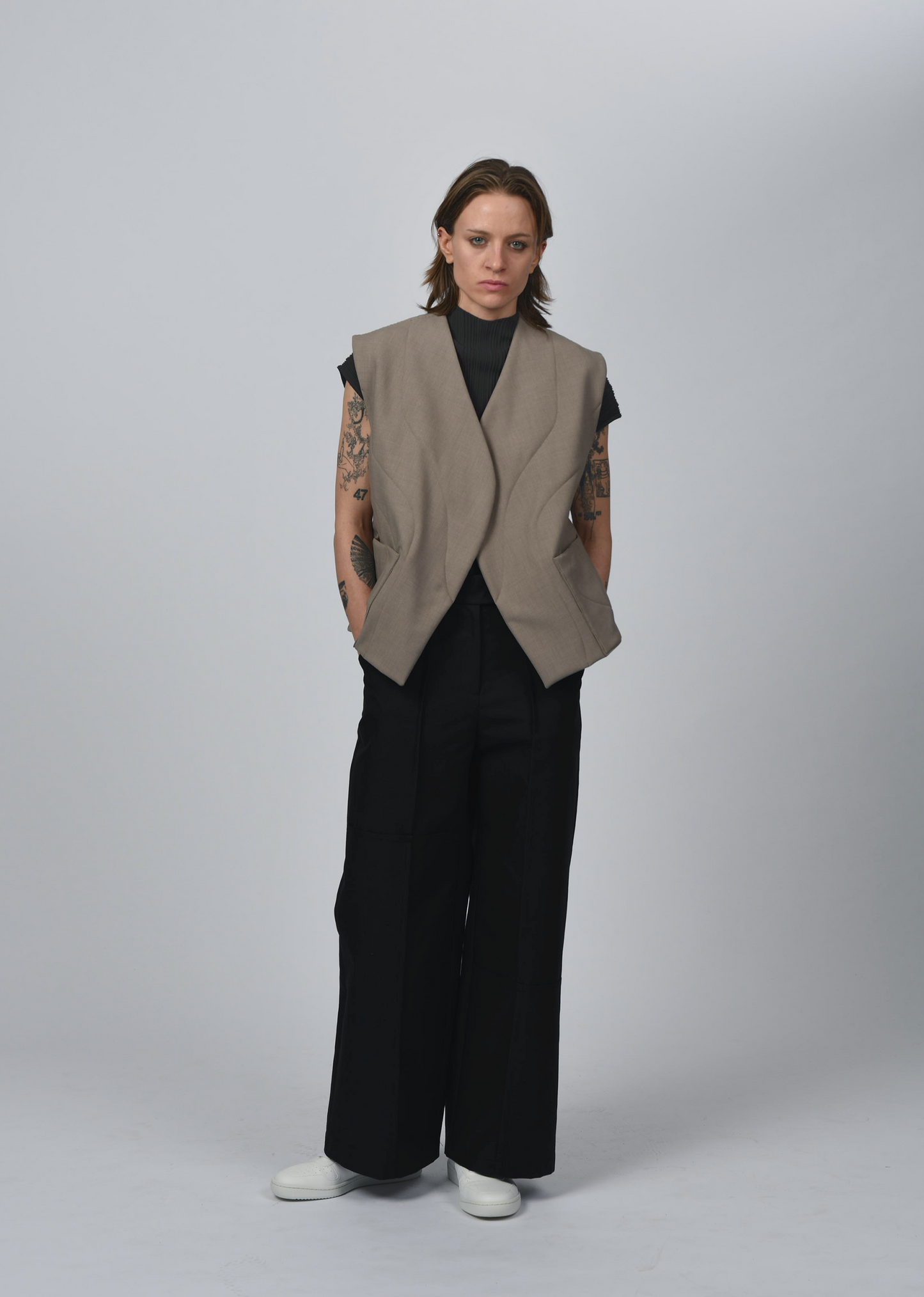 Pleated Knit Top, Warm Beige