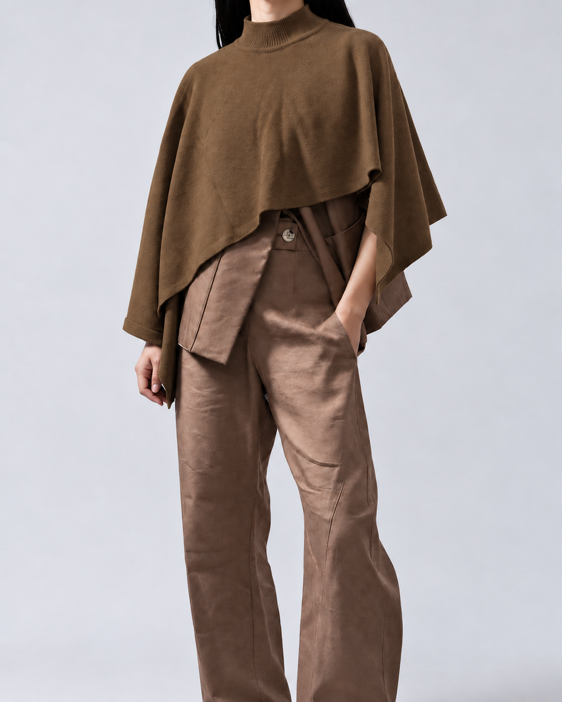 Draped Knit Shawl in Brown worn on a model, front view