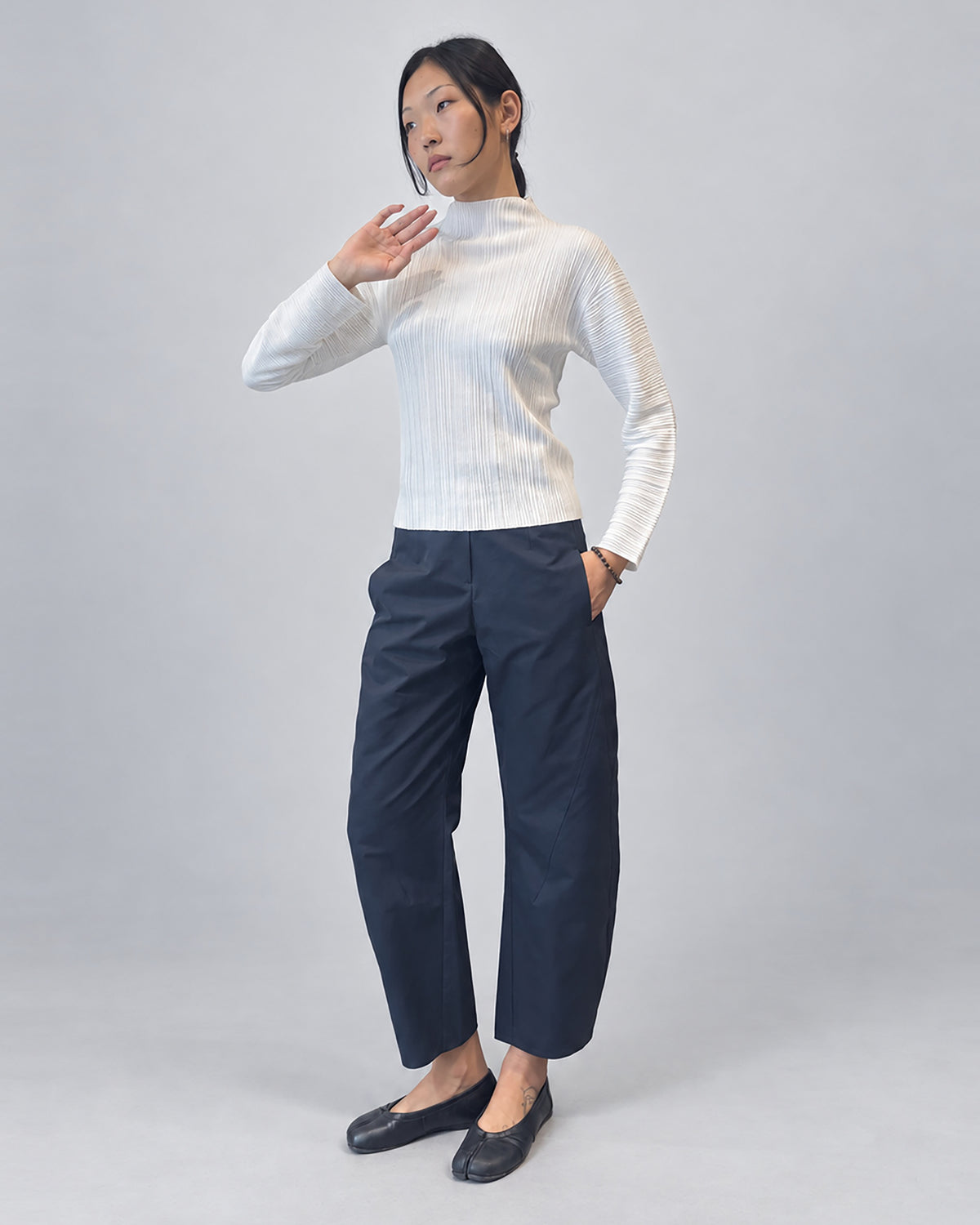 Woll-Baumwoll-Pullover mit Falten, Elfenbein