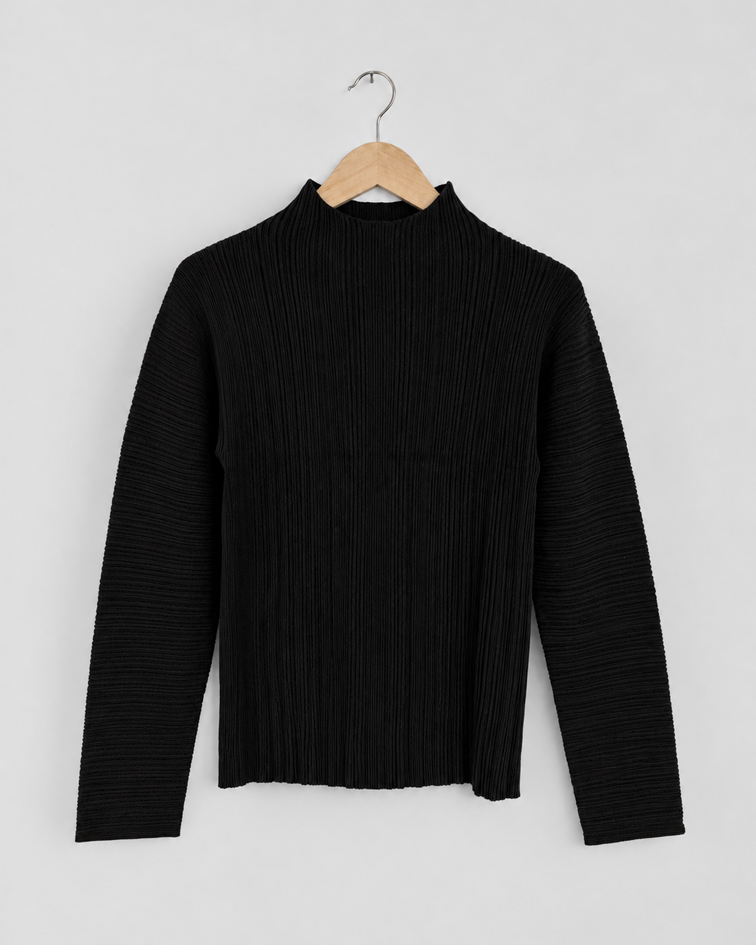 Wool-Cotton Pleated Pullover, Black
