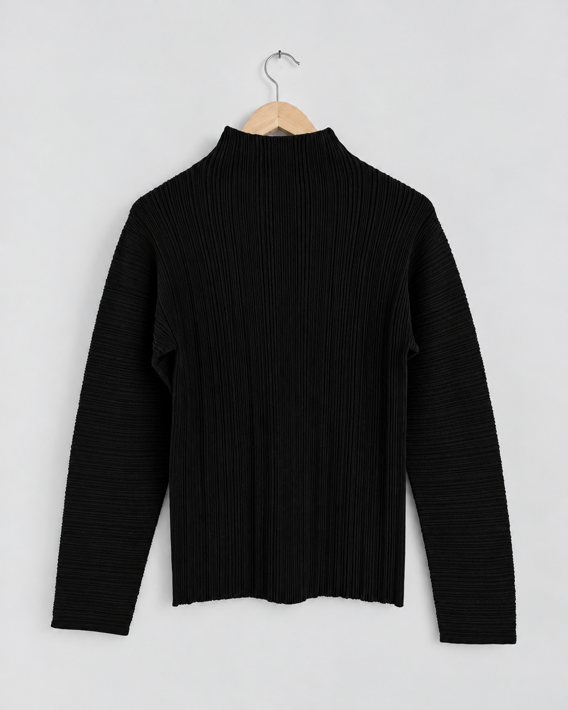NINA YUUN Wool-Cotton Pleated Pullover in black — full back view with vertical body pleats and horizontal sleeve pleats.