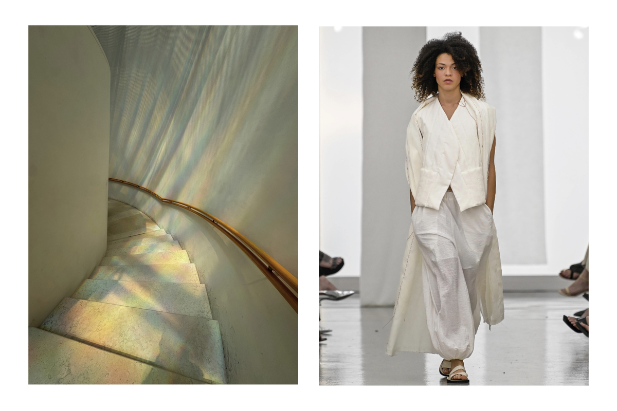Light on a staircase and a white NINA YUUN runway look